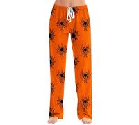 MEIbax Pyjama Pantalon Femmes Halloween Pyjama Pantalon Imprimé De Chauve-Souris Citrouille Laides Kawaii à La Mode Taille éLastique Confortable Et Doux Pant Avec Poches Automne (Red-A, S)