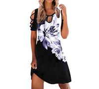 MEIbax Robe Courte D'été Femme Chic Élégant Robe Plage à Manches Courtes Col Rond à Découpes Casual Robe Soiree Imprimé Floral Bohème Mini Robe Débardeur Décontractée Grande Taille Vintage