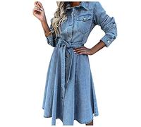 MEIbax Robe Mi-longue en Jean D'été à Bouton Manches Longues Pour Femme Chic Et Elegant Lâches Casual Robe Genou Avec Poches Bleu Sexy Slim Grande Taille Pas Cher Midi Jupe Décontractées Ample