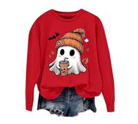 MEIbax Sweat Femme sans Capuche Chemises avec ThèMe De Citrouille Trendy Haunted Long Sleeve Sweat De Cadeau DéContractéE Tenue De CéLéBration Col Rond VêTements d'halloween Automne (Red, L)
