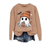 MEIbax Sweat Femme sans Capuche Chemises avec ThèMe De Citrouille Trendy Haunted Long Sleeve Sweat De Cadeau DéContractéE Tenue De CéLéBration Col Rond VêTements d'halloween Automne (Khaki, XL)