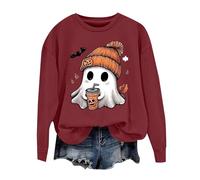MEIbax Sweat Femme sans Capuche Chemises avec ThèMe De Citrouille Trendy Haunted Long Sleeve Sweat De Cadeau DéContractéE Tenue De CéLéBration Col Rond VêTements d'halloween Automne (Wine, M)
