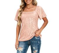 MEIbax Top Paillette Femme Uni Col Carré Court Manches Bouffantes Mode Casual ÉLégante pour Sorties ÉLégant Respirant Style DéContracté Chic ÉLégant Sexy (Light Pink, L)