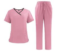 Meichoon Blouses chirurgicales pour femmes - Combinaisons séparées à manches courtes - Top à col en V avec 4 poches - Pantalon de jogging extensible - Couleur solide - Doux DK51Pink S