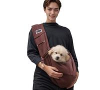 Meichoon Écharpe de transport pour petits chiens de moins de 7,5 kg, sac à bandoulière avec clip de sécurité et poche de rangement, respirant pour voyage, chiot et chien avec harnais réglable, café