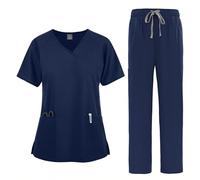 Meichoon Ensemble de Blouse pour Équipe Infirmière Femme à Manches Courtes Col en V Top avec Ceinture Nouée Fentes Latérales Pantalon Droit Doux