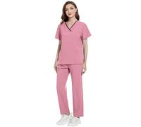 Meichoon Medical Nurse Uniform Women's Classic V-Neck Top Stretchy Drawstring Jogging Pants Pure Color Quick Drying Soft Sweat Absorbent DK51Pink XXL
