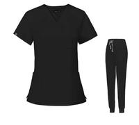 Meichoon Uniformes médicaux - Haut à manches courtes et 3 poches - Col en V - Stretch - Pantalon de jogging - Coupe ajustée - Taille élastique - DK09, Noir , Large/X-Large