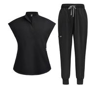 Meichoon Women’s Medical and Nursing Scrubs Ensemble à manches courtes Col montant Haut extensible avec 2 poches latérales Pantalon de jogging extensible à cordon DK55Black S