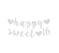 Meideli Bannière « Happy Sweet 16 » pour 16e anniversaire - Guirlande de fanions à paillettes - Décorations pour 16 ans - Sans bricolage - Argenté