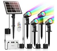 MEIHUA Spots Solaires Exterieures Jardin 10 Couleurs 30 Modes 2 Luminosité | Lampe Solaire Exterieur RGB IP66 Étanche Minuterie Eclairage Projecteur 5000MAH Pour Noël Halloween Jardin Arbres Lot De 4