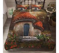 Meiju Mateju Housse de Couette et Taie Oreiller 3D Champignons Modèle Microfibre 1/2 Personne Parure de Lit Ensemble de Literiepour familleDortoir Chambre Enfant (220x240cm,Maison Champignon)