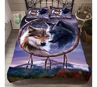 Meiju Mateju Parure de Lit 3D 2 Personnes, Capteur de Reve Moderne Imprimé 3 Pièces Housse de Couette et 2 Taies d'oreiller Microfibre Polyester Hypoallergique pour Adulte (Loup Animal,220x240cm)