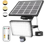 MEIKEE Lampe Solaire Extérieure Detecteur de Mouvement, Projecteur LED Extérieur Étanche IP66, 5 Modes d'Éclairage, Lumière Réglable 2700K-6500K, Minuterie, Spot Solaire Télécommande avec Câble de 5M