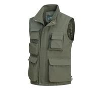 MeiLayM Hommes Gilet de Pêche Plein air Léger Respirant Sans Manche Veste Multipoches Loisirs Gilet à Séchage Rapide de Sport Gilet Journaliste Photographe Camping Chasse Veste Vert armée,S