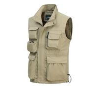 MeiLayM Hommes Gilet de Pêche Plein air Léger Respirant Sans Manche Veste Multipoches Loisirs Gilet à Séchage Rapide de Sport Gilet Journaliste Photographe Camping Chasse Veste Kaki,S