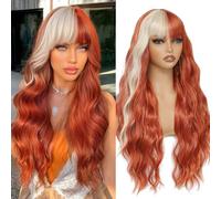 meiliprotea Perruque de cheveux synthétiques longs ondulés avec frange - 66 cm - Auburn avec mèches blondes - Pour femme et fille - Pour usage quotidien, cosplay, fête, Noël (blond HL)