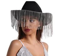 Meiliyizu Chapeau à franges, chapeau de cowboy à franges en strass pour femme à large bord pour jeu de rôle, accessoire de fête de mariage, enterrement de vie de jeune fille