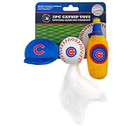 Meilleur jouet en peluche pour chat : MLB CHICAGO CUBS Lot complet de 3 jouets pour chat remplis d'herbe à chat fraîche. Comprend : 1 casquette de baseball, 1 jouet pour chat avec plumes et 1