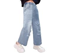 MEILONGER Jean Filles Pantalons en Jean Large/élargi/serrés déchirés Taille Haute Bande élastique décontractée avec Poches Tailles 8, 10-12, 14-16 (Bleu 14-16)