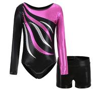 MEILONGER Justaucorps Gymnastique Fille Enfant Manche Longue Leotard Danse Ballet Bodysuit Gym Tenue Patinage Artistique Brillant Costume Spectacle 6-16 Ans(11267Rosé rouge,14-16)