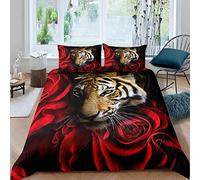 Meimall Housse De Couette en Microfibre Rouge Fleurs Tigre Animaux 240X260 Cm 2 Taie D’Oreiller Parure De Lit 2 Personne, Idéale pour Les 4 Saisons La Fibre De Polyester Est Super Douce