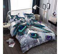 Meimall Parure De Lit Double - Plume Paon Couleur Tridimensionnel 240X280 Cm Housse De Couette + 2 Taies d'oreiller - Anti-Rides - Literie Chambre d'enfant Literie Chambre d'enfant