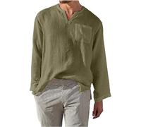 MEIMIYI Chemise Casual Homme Chemise en Lin en Vrac Homme Tempérament Vintage Longleeve Tops Homme Boucle De Disque Classique All-Match Chemise Unicolore Homme M-Green M