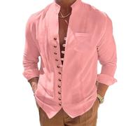 MEIMIYI Chemise en Lin Homme Classique All-Match Lose Longleeve Tops Homme Vintage Boucle De Disque Couleur Unie Chemise Homme Business Tempérament Casual Shirt Homme L-Pink 3XL