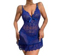 MEIMIYI Pyjama Femme Fines Bretelles V Profond Dentelle Lingerie Érotique Perspective Vêtements Sexy H-Blue M