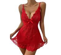 MEIMIYI Pyjama Femme Fines Bretelles V Profond Dentelle Lingerie Érotique Perspective Vêtements Sexy F-Red M