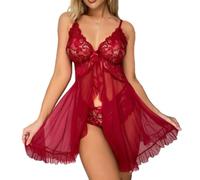 MEIMIYI Pyjama Femme Fines Bretelles V Profond Dentelle Lingerie Érotique Perspective Vêtements Sexy I-Wine Red S