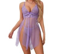MEIMIYI Pyjama Femme Fines Bretelles V Profond Lingerie Érotique Dentelle Perspective Vêtements Sexy G-Light Purple S