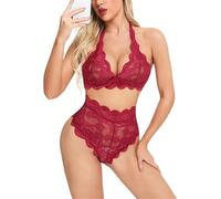 MEIMIYI Vêtements Sexy Femme Fines Bretelles V Profond Pendre Le Cou Lingerie Érotique Dentelle Perspective Ensembles De sous-Vêtements C-Wine Red XL