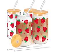 MEIMUCUL Verre avec Paille et Couvercle,Lot De 4 Verre Matcha Latte avec Paille,500ml Gobelet Smoothie,Iced Coffee Cup,Réutilisables pour Cocktail, Soda,Café Glacé,Cadeau