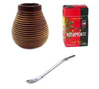 Mein Teeshop Gobelet à maté en céramique marron + Bombilla en acier inoxydable + Rosamonte Yerba Mate 500 g