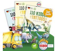 MeinBaby123® 330 Tatouages temporaires pour enfants adaptés à la peau pour garçons | Lot de 3 tatouages temporaires Bulldozer, dinosaures, véhicules de construction et pirates - végétaliens