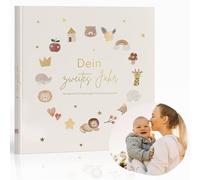 MeinBaby123® Album pour bébé - Plaqué or de qualité supérieure - Cadeau d'anniversaire - Album souvenir de bébé à remplir pour les étapes de 2 ans (beige)