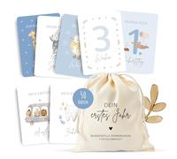 MeinBaby123® Cartes « Votre première année » | Ensemble de cartes pour le jalon cadeau de naissance | Cartes photo pour la première année | 50 cartes avec sacs en coton (bleu)