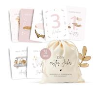 MeinBaby123® Cartes « Votre première année » | Ensemble de cartes pour le jalon cadeau de naissance | Cartes photo pour la première année | 50 cartes avec sacs en coton (rose)