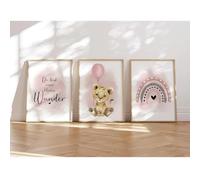 MeinBaby123® I Bilder Chambre d'enfant,Lot de 3 posters DIN A4,Tableau mural,Images décoratives pour chambre d'enfant fille et garçon,Poster mural de qualité supérieure (lion et ballon rose)