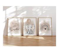 MeinBaby123® I Images pour chambre d'enfant - Lot de 3 posters format A4 - Tableaux muraux - Images décoratives pour chambre d'enfant fille et garçon - Poster mural de qualité supérieure (éléphant et
