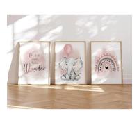 MeinBaby123® I Images pour chambre d'enfant - Lot de 3 posters format A4 - Tableaux muraux - Images décoratives pour chambre d'enfant fille et garçon - Poster mural de qualité supérieure (éléphant et