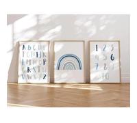 MeinBaby123® Images pour chambre d'enfant,Lot de 3 affiches A4,Alphabet ABC Affiche d'apprentissage chiffres arc-en-ciel,Décoration pour chambre d'enfant garçon, arc-en-ciel, chiffres - bleu)