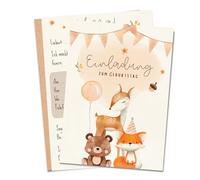 MeinBaby123® Lot de 10 cartes d'invitation pour anniversaire d'enfant garçons et filles | Invitations d'anniversaire pour enfants | Animaux de la forêt bohème | Avec 10 enveloppes | Qualité supérieure
