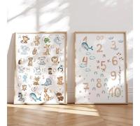 MeinBaby123® Lot de 2 affiches A4 pour chambre d'enfant,Alphabet ABC,Poster d'apprentissage avec animaux,Affiche murale de qualité supérieure (alphabet et chiffres,Lot de 2)