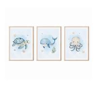 MeinBaby123® Lot de 3 images du monde sous-marin - Format A4 - Baleine, tortue, dauphin, hippocampe - Décoration pour chambre d'enfant - Cadeau de naissance (monde sous-marin V3)
