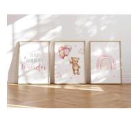MeinBaby123® Lot de 3 posters pour chambre d'enfant,Format A4,Avec inscription,Arc-en-ciel,Décoration pour chambre d'enfant,Décoration de chambre de bébé,Premium (ours et arc-en-ciel rose)
