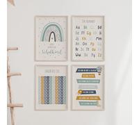 MeinBaby123 Lot de 4 posters éducatifs - Poster éducatif - Images pour chambre d'enfant - Format A4 - Alphabet ABC, chiffres - Préscolaire primaire - Poster mural de qualité supérieure (poster