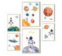 MeinBaby123® Lot de 6 posters pour chambre d'enfant astronaute,2 posters DIN A4 et 4 formats DIN A5,Fusées spatiales,Poster mural de qualité supérieure,Astronaut V2